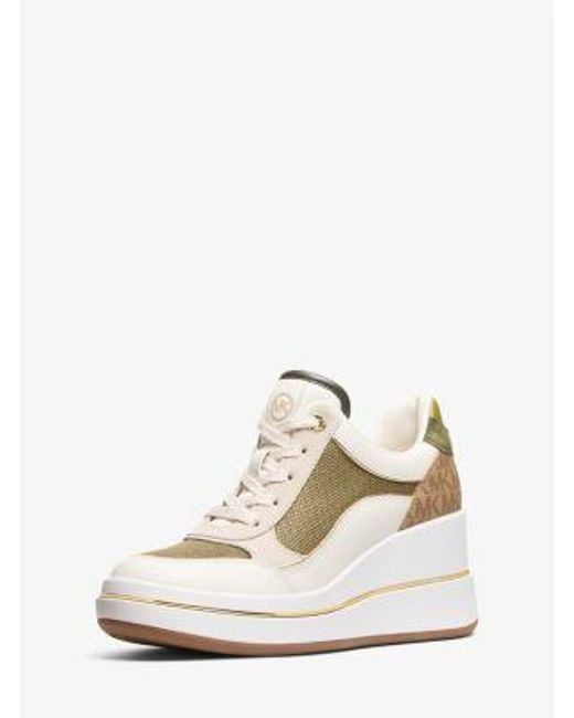 Michael Kors White Mk Emmy Leather And Leopard Print Calf Hair Wedge Trainer