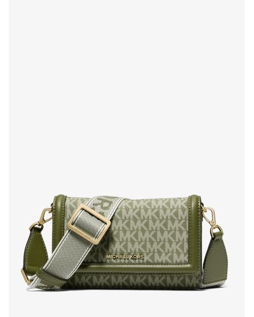 Michael Kors Green Mk Jet Set Small Logo Print Woven Smartphone Crossbody Bag