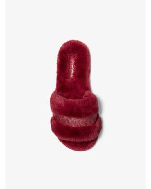 Michael Kors Red Alexis Faux Fur And Metallic Signature Logo Slide Sandal