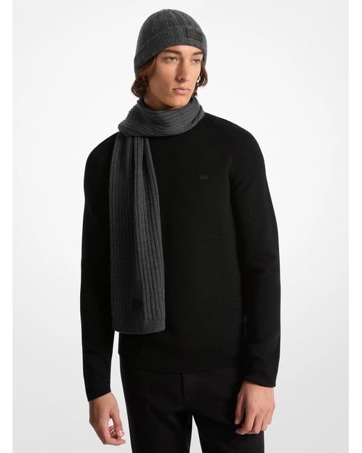 Michael Kors Black Mk Ribbed Knit Beanie Hat And Scarf Set for men