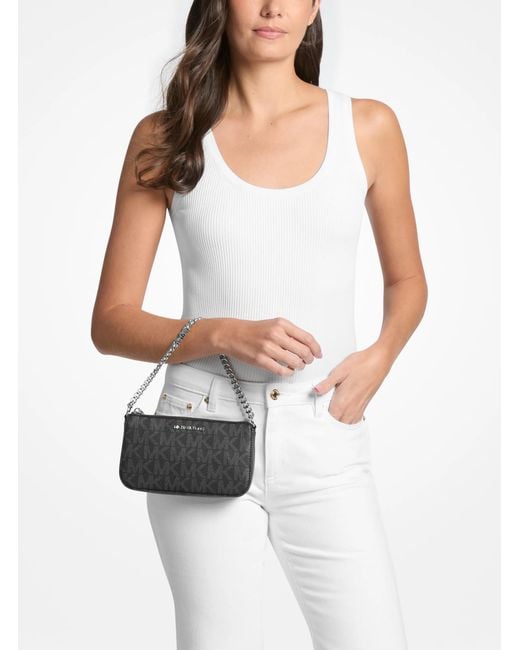 Michael Kors Outlet White Mk Jet Set Small Signature Logo Chain Pochette