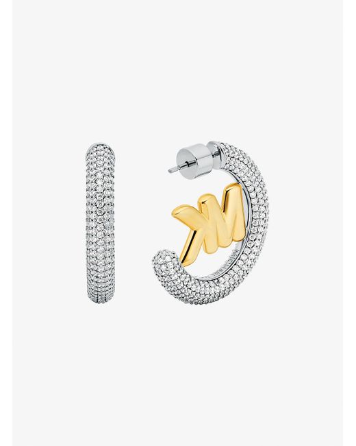 Mk Orecchini Grandi A Cerchio Bicolore Con Logo E Pavé di Michael Kors in White