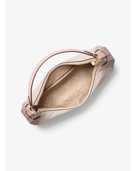 Michael Kors Outlet Pink Mk Preston Large Suede And Signature Logo Crescent Shoulder Bag