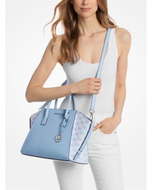Michael Kors Blue Avril Large Leather And Logo Jacquard Satchel