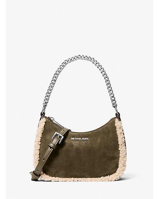 Michael Kors Green Jet Set Small Suede And Faux Shearling Convertible Crossbody Bag