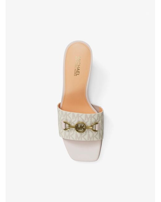 Michael Kors Outlet Natural Mk Natalie Signature Logo Kitten Sandal