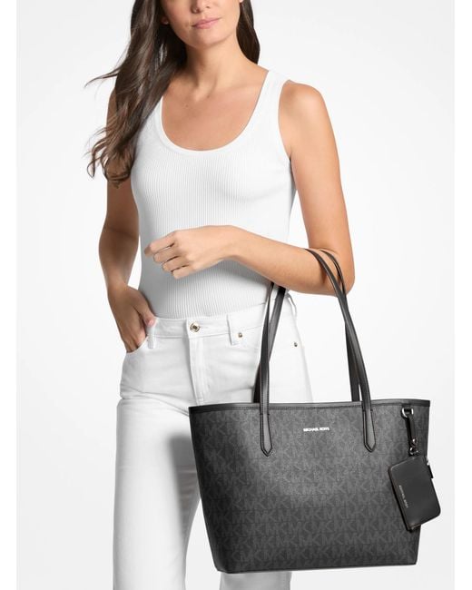 Michael Kors Outlet Black Mk Jet Set Large Signature Logo Tote Bag