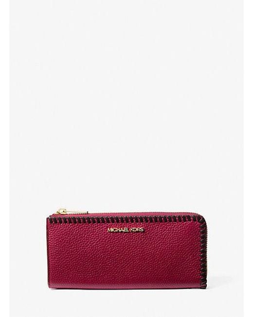 Michael Kors Red Jet Set Travel Large Pebbled Leather Quarter-Zip Wallet