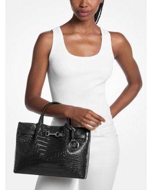 Michael Kors Black Carson Medium Crocodile Embossed Satchel