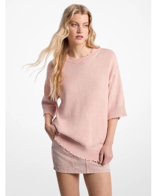 MICHAEL Michael Kors Pink Distressed Garment-Dyed Cotton And Cashmere Blend Sweater