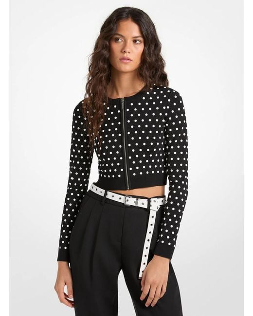 Michael Kors Black Mk Studded Cropped Zip-Up Cardigan