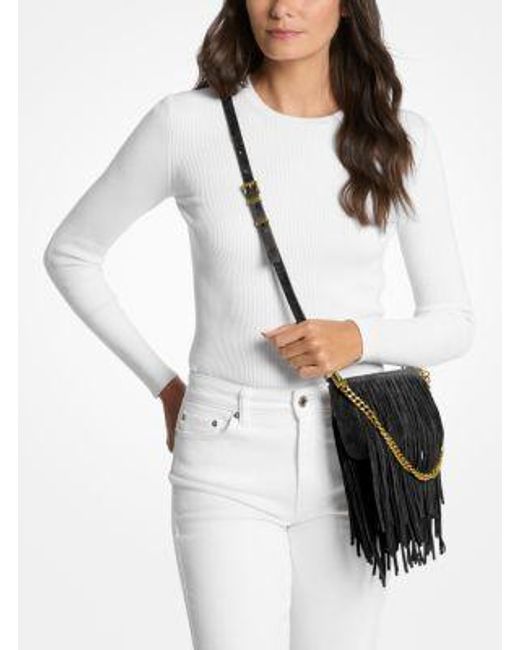 MICHAEL Michael Kors White Bryant Small Fringed Suede Convertible Pochette