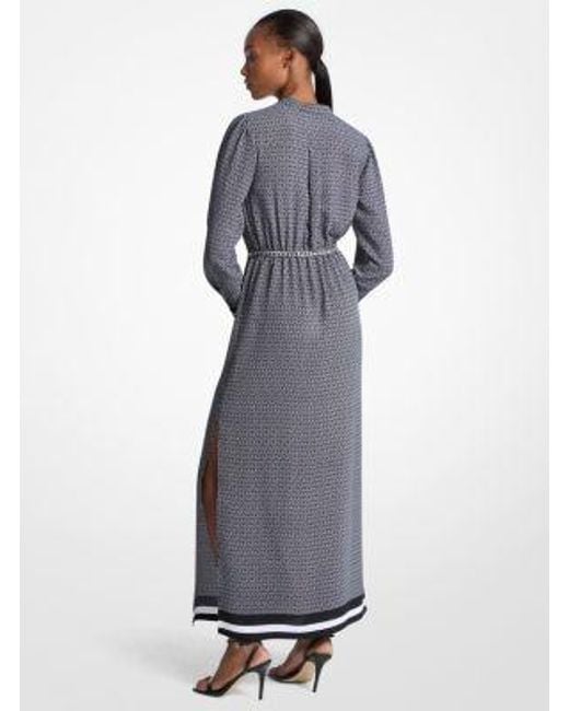 Michael Kors Blue Logo Print Satin Belted Maxi Dress