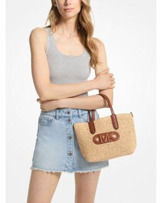 Michael Kors Natural Mk Eliza Extra-Small Empire Logo Straw Tote Bag