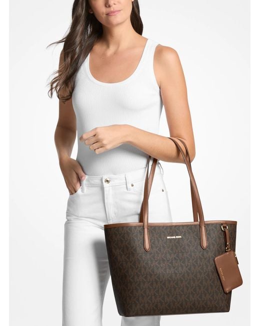 Michael Kors Outlet Brown Mk Jet Set Large Signature Logo Tote Bag