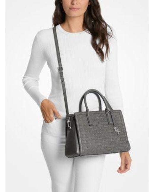 Michael Kors Gray Laila Medium Logo Embossed Burnished Leather Satchel