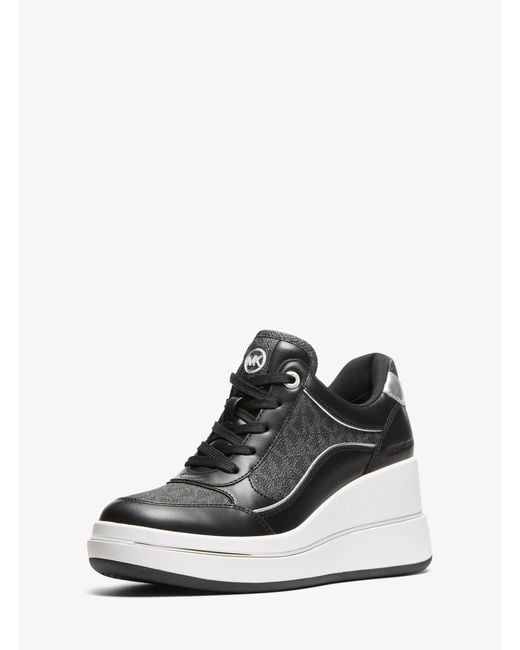 Michael Kors White Mk Emmy Signature Logo And Leather Wedge Trainer