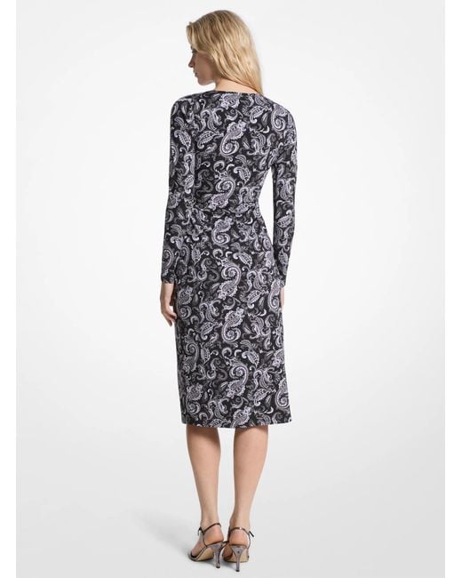 MICHAEL Michael Kors White Mk Paisley Print Matte Jersey Ruched Dress