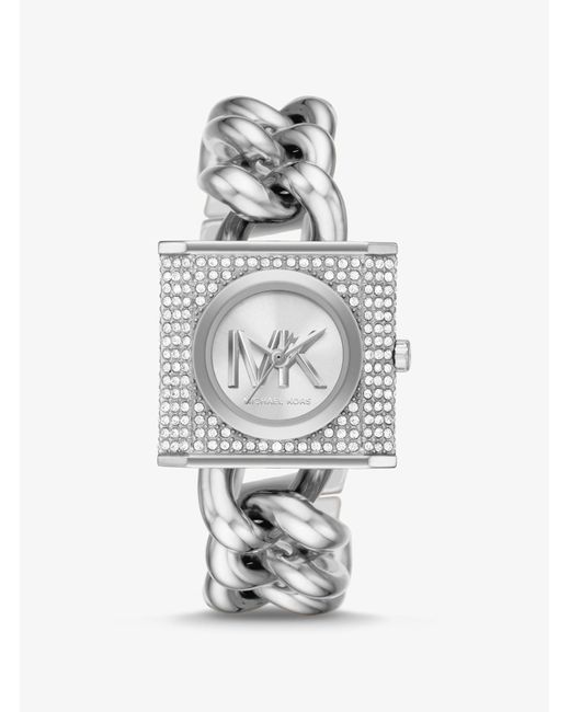 Mini-montre argentée à chaîne cadenas et pierres pavées Michael Kors en coloris White