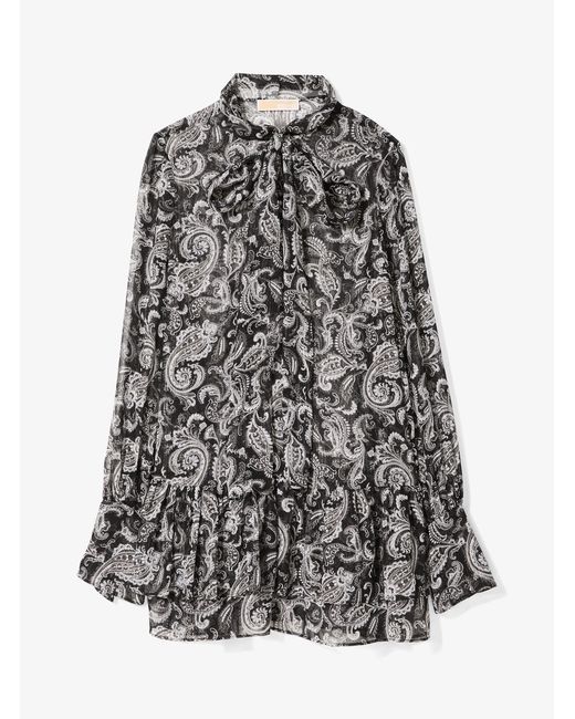 MICHAEL Michael Kors Gray Metallic Paisley Georgette Tie-Neck Dress