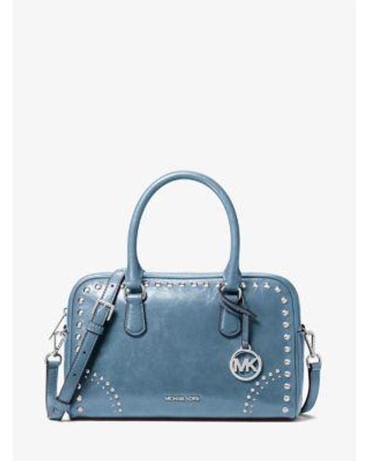 Michael Kors Blue Thompson Medium Distressed Studded Satchel