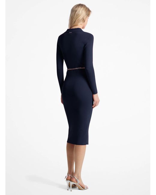 Michael Kors Outlet Blue Mk Stretch Knit Belted Dress