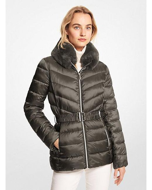 Michael Kors Gray Faux Fur Trim Quilted Nylon Packable Puffer Jacket