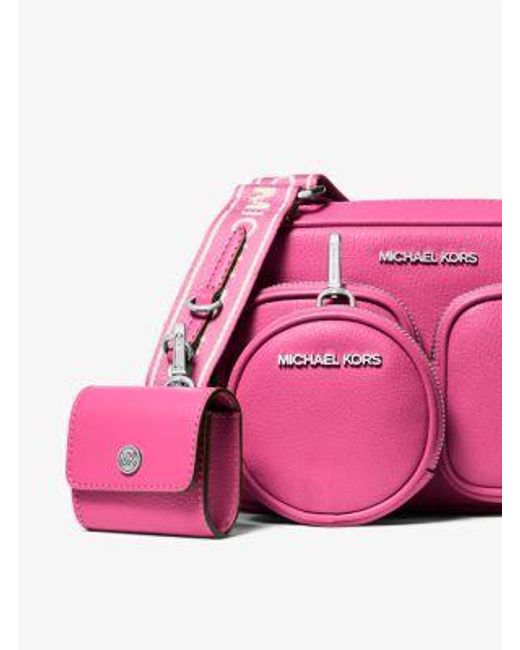 Michael Kors Pink Jet Set Leather Medium Crossbody Bag With Case For Apple Airpods Pro