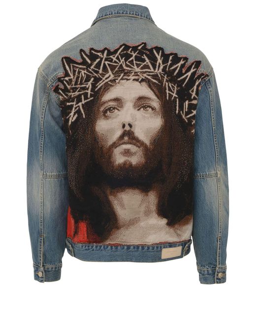 Ih Nom Uh Nit Blue Denim Jacket With Used Effect And Patch Of Jesus' Image On The Back. for men