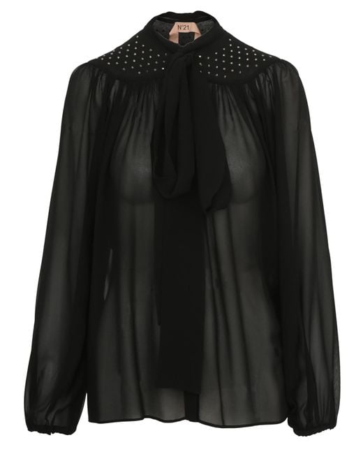 N°21 See-through Shirt In Black Silk With Studs On The Shoulders And ...