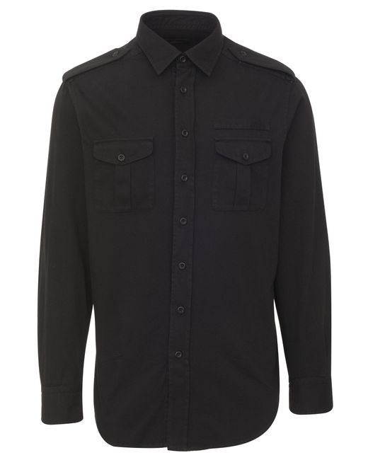 Brioni Black Cotton Military Shirt With Horn Buttons, Epaulettes And Chest Patch Pockets for men
