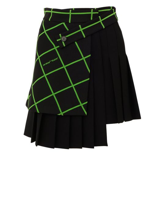 Off-White c/o Virgil Abloh Black Pleated Flock Skirt In Wool Blend With Neon Green Squares And Asymmetrical Design.