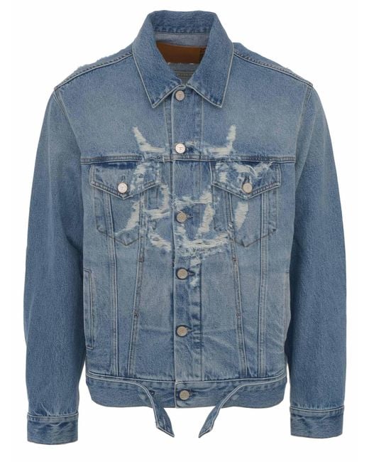 Vetements Anarchy Light Blue Denim Jacket With Upside-down Ripped Symbol On The Front.