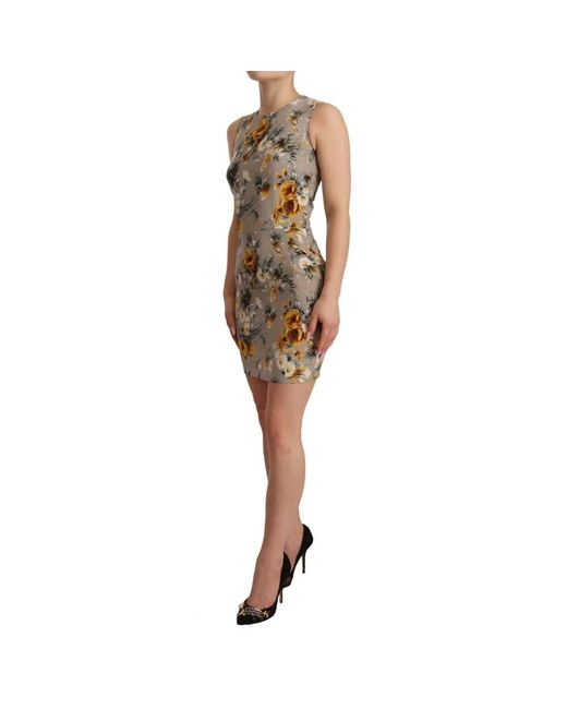 Dolce & Gabbana Natural Gray Silk Stretch Floral Sheath Mini Dress