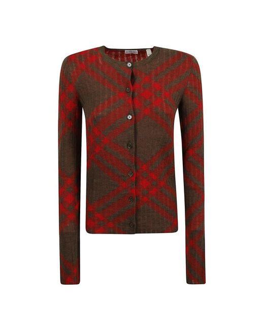Burberry Red Karierter Cardigan Mit Karomuster Und Rundhalsausschnitt