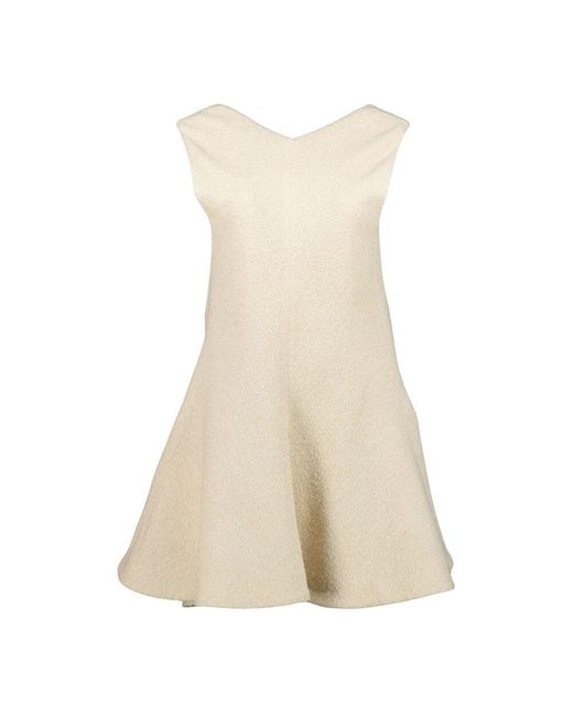 Khaite Natural Baumwolle Bouclé V-Ausschnitt Rüschenkleid