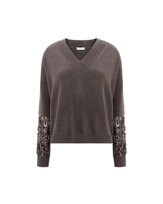 Brunello Cucinelli Brown Kaschmir V-Ausschnitt Pullover Mit Doppelten Ärmeln