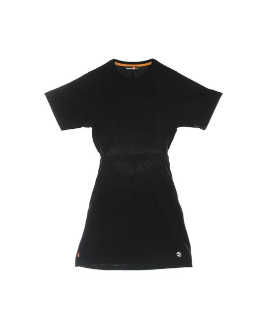 Timberland Kleedjes ,Zwart ,Katoen Zwarte Jurk Met Trekkoord, Korte Mouwen En Ronde Hals in het Black