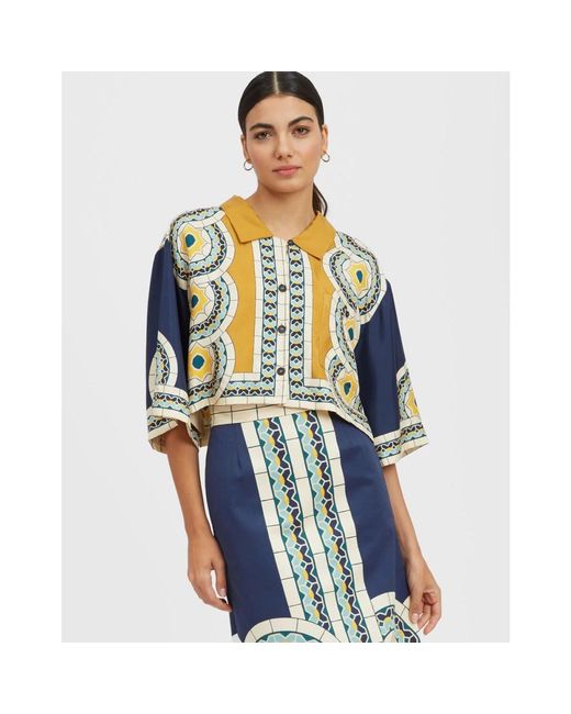 LaDoubleJ Overhemden ,Blauw ,Cropped Silk Boxy Shirt in het Blue