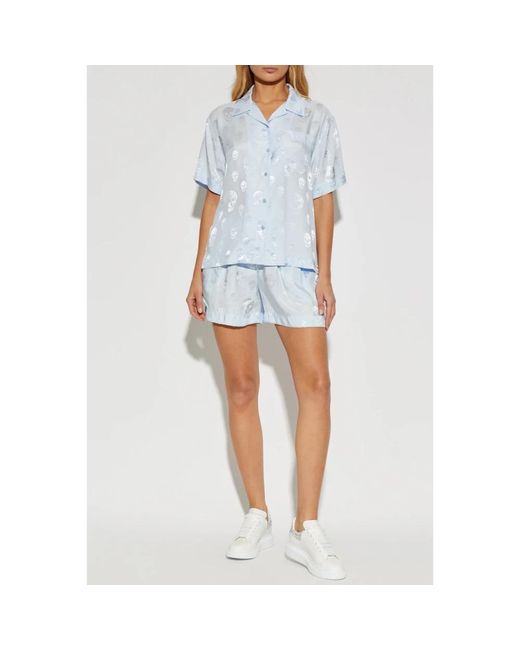 McQueen Overhemden ,Blauw ,Satijn Skull Print Hawaiian Shirt in het Blue
