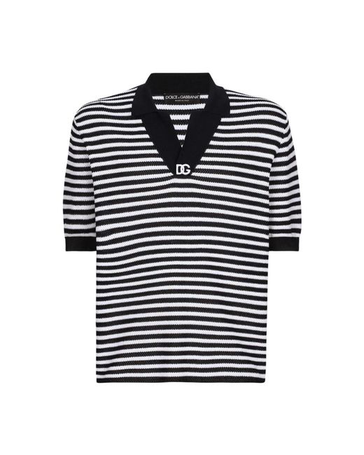 Dolce & Gabbana Gestreiftes Baumwoll-Poloshirt mit V-Ausschnitt in Black für Herren