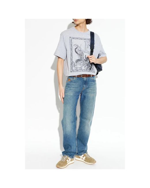Etro Tops ,Grijs ,Katoen Katoenen T-Shirt Met Geplaatste Print in het Blue voor heren
