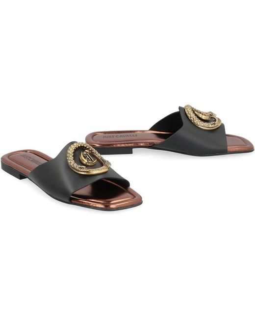 Just Cavalli Leren Vierkante Neus Slides in het Black