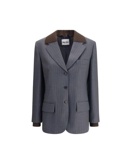 Miu Miu Blue Gestreifter Blazer Mit Spitzrevers