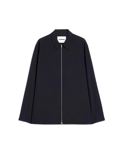 Jil Sander Jassen ,Blauw ,Wol Zip Long-Sleeve Wool Shirt in het Blue voor heren