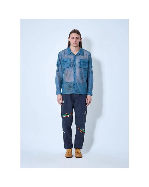 Brain Dead Overhemden ,Blauw ,Polyester Logo Print Mesh Fishing Shirt in het Blue voor heren