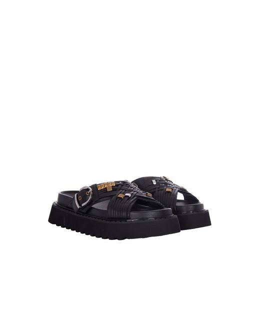 Pinko Black Woven Eco-Leather Sandals With Metallic Accents