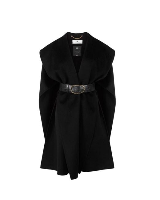 Elisabetta Franchi Black Schwarzer Woll-Oversized-Cape Mit Krokodil-Print-Gürtel