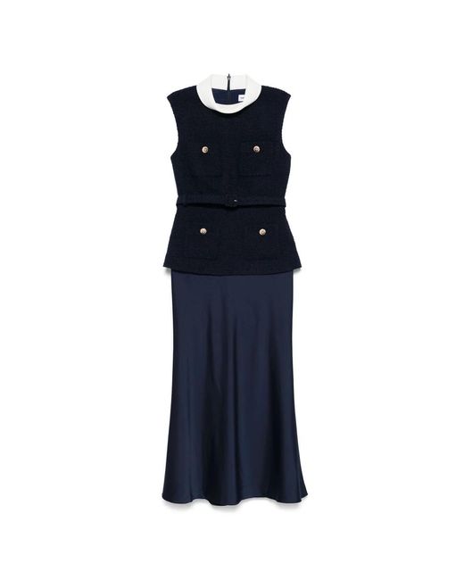 Self-Portrait Boucle Mouwloze Midi Jurk in het Blue