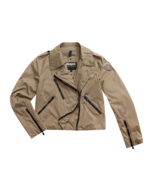 Blauer Jassen ,Nylon Lange Nylonjas Met Asymmetrische Rits in het Brown